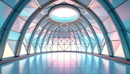 A glowing dome interior with pastel geometric patterns and metallic textures, capturing a fusion of vintage and futuristic design. 