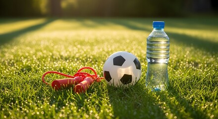 A soccer ball, jump rope, and water bottle sit on vibrant green grass, bathed in warm sunlight, suggesting an active outdoor lifestyle.