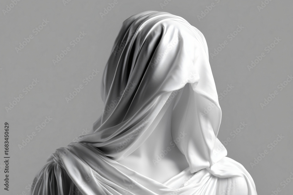 Poster a figure draped in fabric, creating an artistic and mysterious effect
