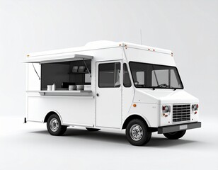 Fototapeta premium A Blank White Food Truck with its Serving Hatch Open on a White Background