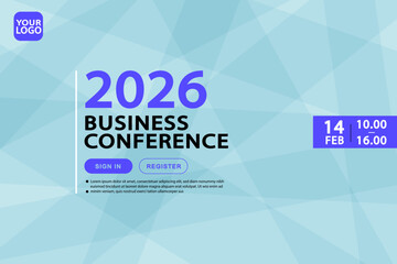 Modern banner template for a 2026 business conference or tech summit. Clean, futuristic design with a geometric background for corporate, finance, or innovation events.