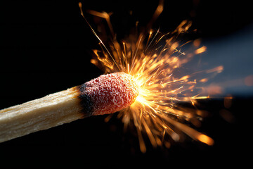 Close-up of a match being struck and igniting, sparks flying, black background, extreme macro photography