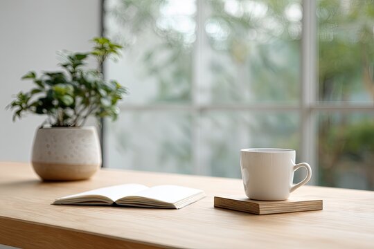 Serene morning scene with a coffee mug and open book on a wooden table by a window.