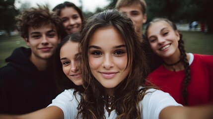 Obraz premium A joyful group of diverse young friends smiles brightly capturing a happy selfie together outdoors in a lush green park under natural light