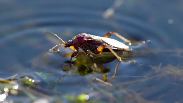 Water Strider Gliding on Pond Surface with Ripples and Submerged Vegetation