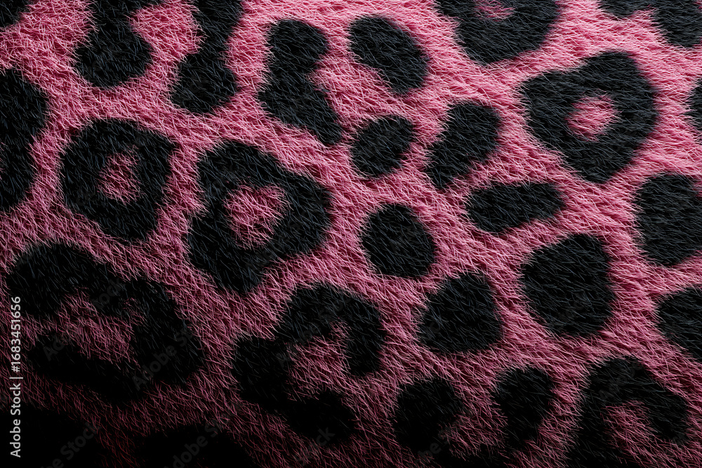 Poster a close-up of a vibrant pink and black leopard print texture, creating a bold and striking pattern. 