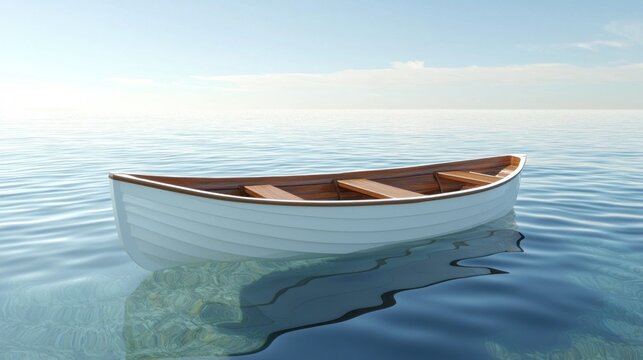 A white boat floating on calm water with a clear sky in the background.