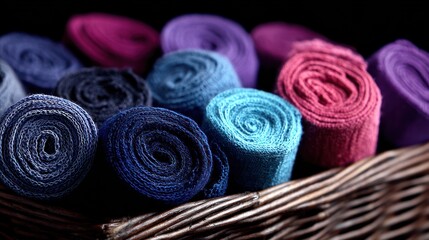 Colorful fabric rolls in basket