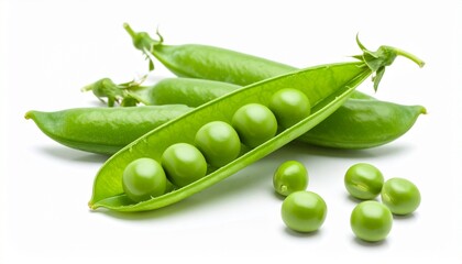Fresh green peas in opened pod small round seeds vibrant color organic vegetable isolated on white background
