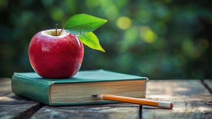 A red apple with a green leaf on top of a green book with a pencil on a wooden table with a blurred green background.