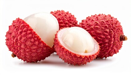 Fresh lychee fruit with red spiky skin peeled to show white juicy flesh tropical organic fruit isolated on white background
