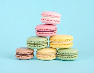 Obraz premium Stack of Colorful French Macarons on a Pastel Blue Background