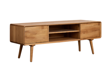 Light-brown wooden TV stand with curved edges and two doors.  Features open shelving and tapered legs