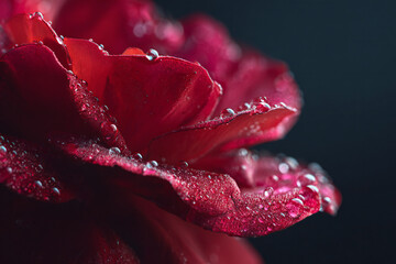 Macro shot of a vibrant red rose petal with delicate water drops, dramatic close-up detail