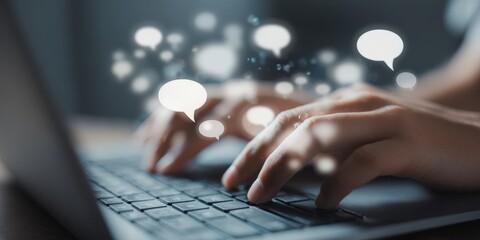 Close-up hands typing on laptop keyboard with floating speech bubbles