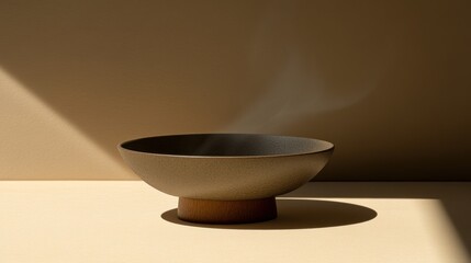 Elegant ceramic bowl on wooden base casting a shadow in soft studio lighting