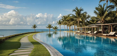 Resort Hotel Swimming Pool with Palm Trees for a Luxurious Leisure and Travel Lifestyle Background