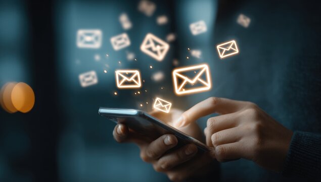 Hands holding a smartphone with email icons floating around