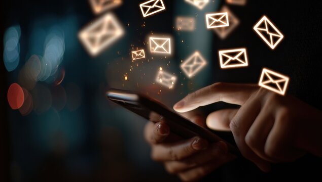 Hands holding a phone with email icons floating around