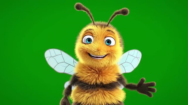 A cheerful cartoon beehive bee waving happily against a vibrant green screen background ideal for animation children's book illustration website design and advertising conveying a