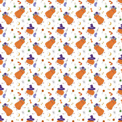 Seamless pattern with cute Halloween pumpkins characters. Hand drawn flat illustration.