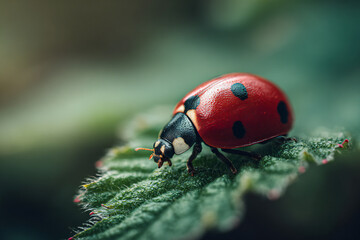 Naklejka premium Red ladybug crawling on a green leaf, macro close-up with detailed textures, blurred natural background