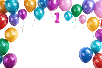 Colorful balloons frame a black background