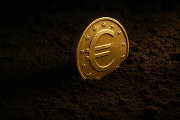 Golden coin buried in textured soil
