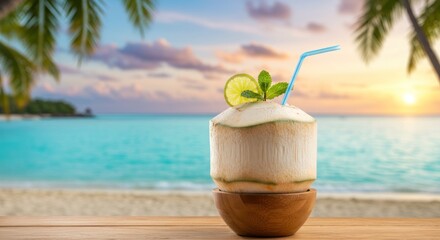 A refreshing coconut drink with a lime wedge and mint sprig, served in a halved coconut shell resting on a wooden bowl, sits on a wooden surface overlooking a tranquil beach at sunset. 