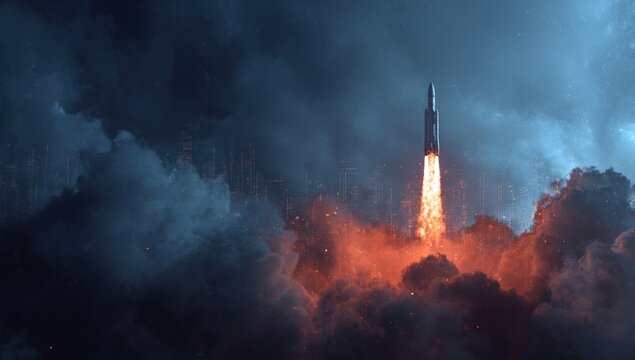 Rocket launch through a stormy sky - Powered by Adobe