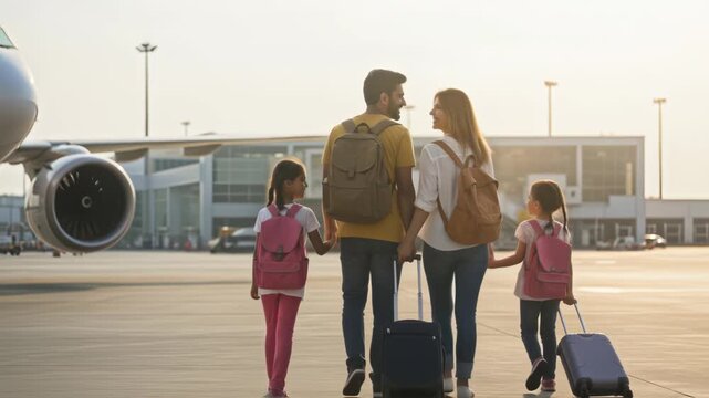 Family travel adventure: parents and children at airport with luggage watching airplane takeoff