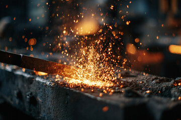 Sparks flying from molten metal in a forge, industrial setting, dark background, fiery glow highlighting metalwork process