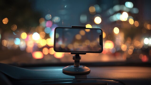 Smartphone in car mount at night. City lights bokeh - Powered by Adobe
