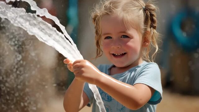 As she uses the water hose to squirt herself, the toddler laughs.