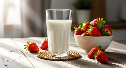 Fresh strawberries and a glass of milk on a wooden table, bathed in sunlight.