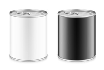 Hight realistic tin can with easy-open lid mockup set. Vector illustration isolated on white background. Easy to use for presentation your product, idea, design. EPS10.