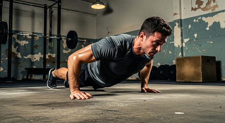 Fototapeta premium Young Man Performing Push-Ups in a Gym Setting