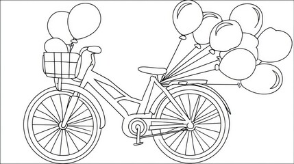 Cartoon bicycle with balloons attached, bold outline minimal flat design, kid friendly coloring book illustration on white