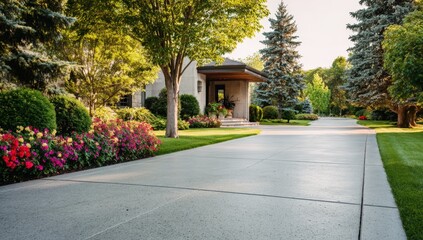 Fototapeta premium Suburban home driveway, landscaped