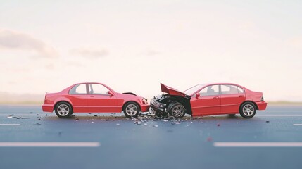 Fototapeta premium Two red and black cars involved in a crash on a road with a clear sky in the background.