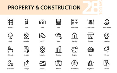House Property Construction Professional Line Icon Set, Modern Minimal Outline Vector Pack Highlighting Real Estate and Elegant Architectural Structures