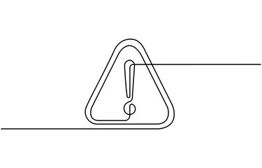 Dangerous sign continuous one line drawing. Vector outline of warning icon with exclamation mark in a triangle, One line art danger sign. Graphic illustration.