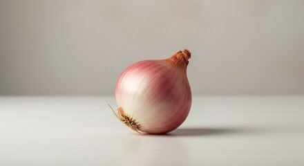 A single, whole onion rests on a white surface against a plain, light-gray backdrop. Its layered skin exhibits a mix of reddish-purple and white