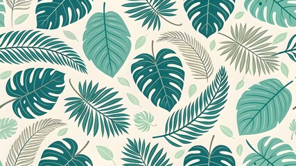 Colorful Tropical Leaves Pattern in Teal and Green on Beige Background