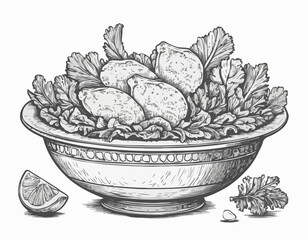 Caesar salad with chicken hand drawn engraving sketch Restaurant business concept Vector illustration.