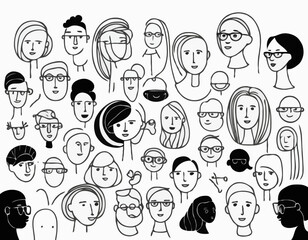 Set of people faces hand drawn in doodle style.Black lines and silhuette.Social network concept.Vector illustration.