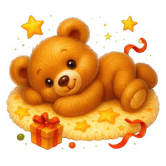 Cute teddy bear lying on soft cushion with gift and stars