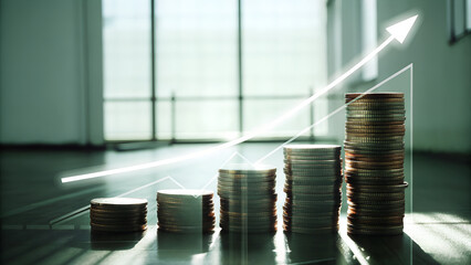 Stack of coins with upward arrow, symbolizing finance profit growth and investment