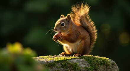 A sunlit, furry rodent perches atop a mossy stone, holding a nut with tiny paws, eyes focused. Its fluffy tail stands upright. Background is a blurred, green forest