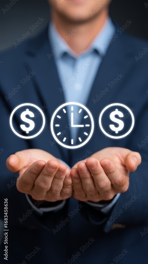 Poster time management, businessman holding clock symbolizing punctuality and efficiency in professional se